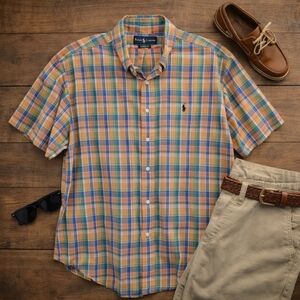 Ralph Lauren Short Sleeve Light Cotton Orange Green Plaid Shirt. Mens Size XXL